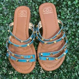 Everglades Blue & Gold Studded Sandals Size 6 Strappy Slide Flats Made Colombia